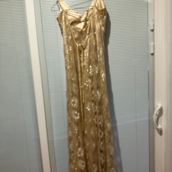 Champagne Beaded Embroidered Formal Dress with Lace Overlay - Picture 7 of 7